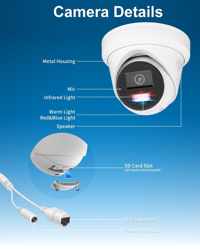 5MP Wired PoE IP , Strobe Red & Blue Light and Audio Alarm, Metal Turret Outd... gallery