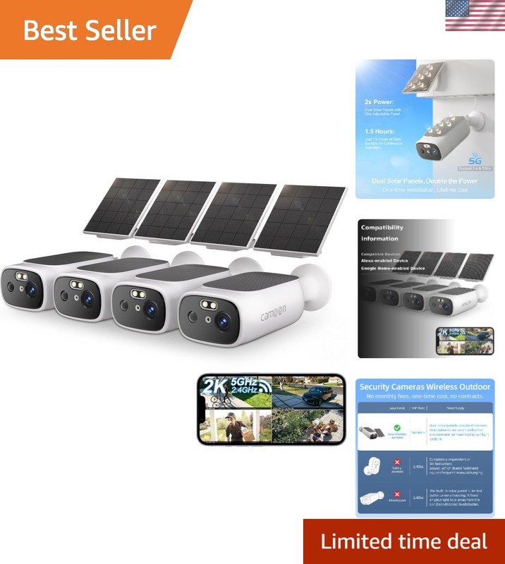 2K Solar Security Cameras (4 Pack) – Waterproof, Wireless Outdoor WiFi Camera…