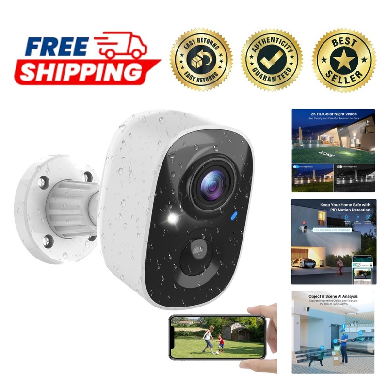 Weatherproof Wireless Security Camera with 2K Color Night Vision & 2-Way Talk