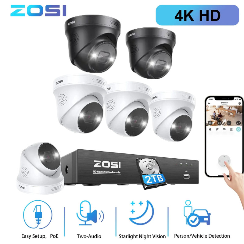 ZOSI 8CH NVR 4K PoE Security Two-Way Audio Camera System AI Person Detection 2TB