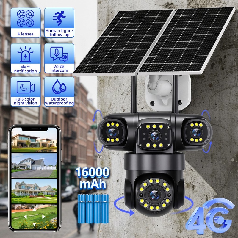 2x 16MP 4G SIM Solar Security IP Camera Outdoor 4 Lens PTZ CCTV Motion Detection gallery