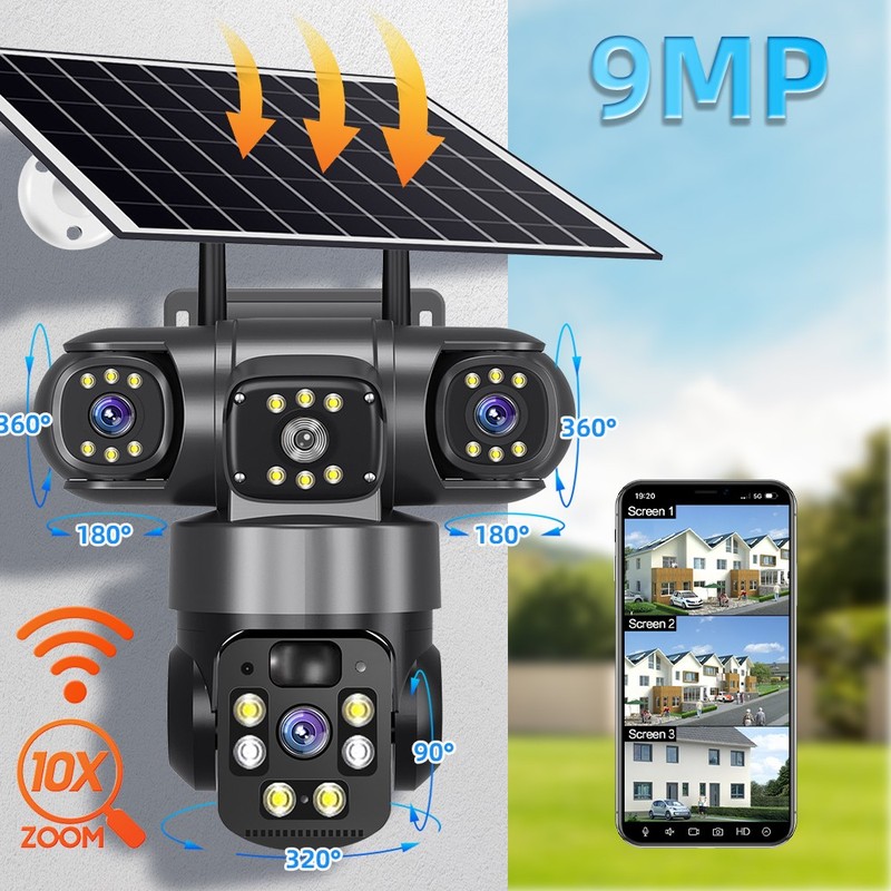 9MP 3-Lens Solar Battery Powered Camera WiFi Wireless Security System 1-4 PACK