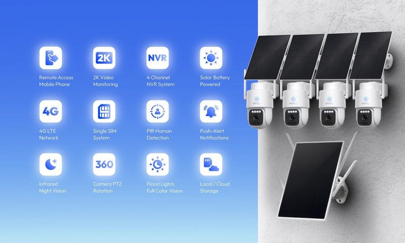 Solar Security Camera System Construction 4G 2K NVR LIVE View 4 Cams Wireless gallery