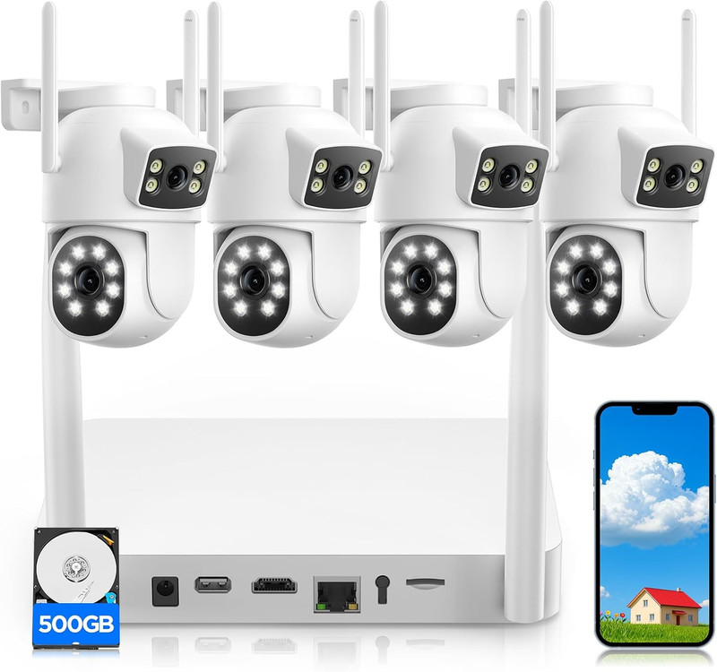 Dual-Lens Home Security Cameras System Wireless Outdoor, 4 Cam Kits | 4 Cameras