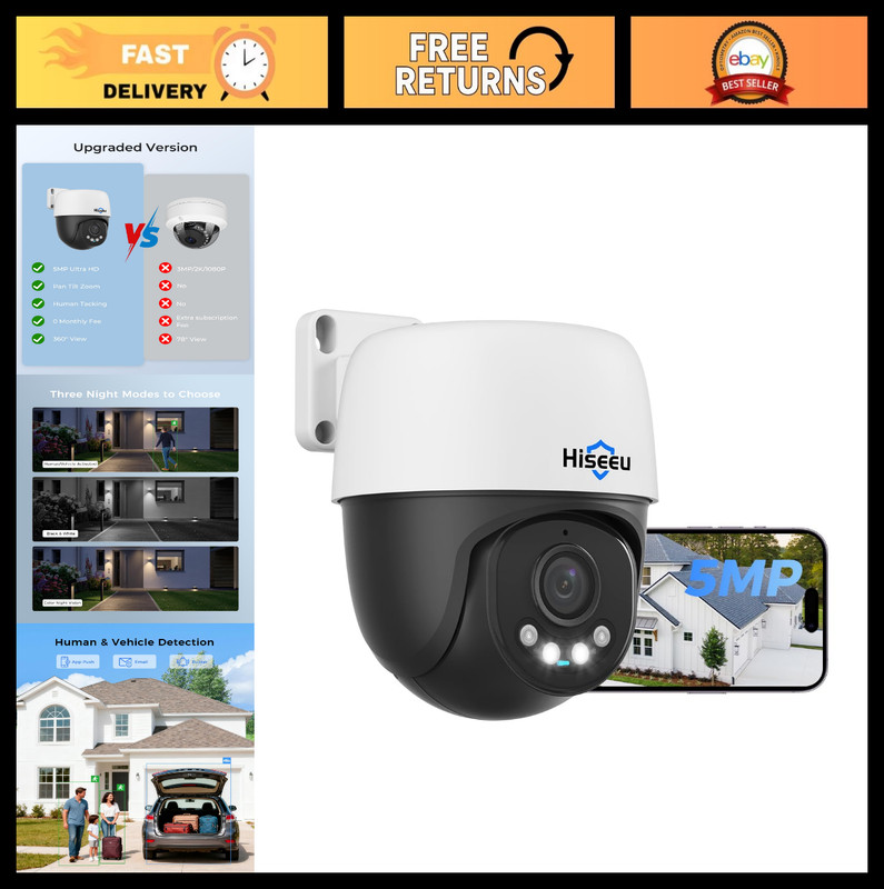 5MP PoE PTZ Security Camera Outdoor | 360° Pan, Color Night Vision, Auto Trackin