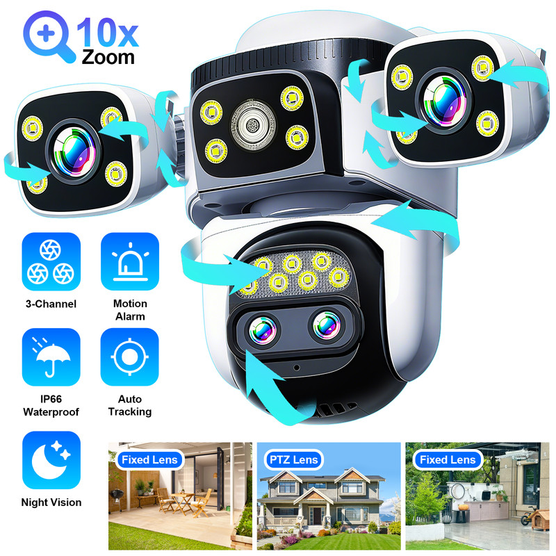 Four Lens 10K WiFi Security Camera 10X Zoom Outdoor Night Vision CCTV PTZ Camera