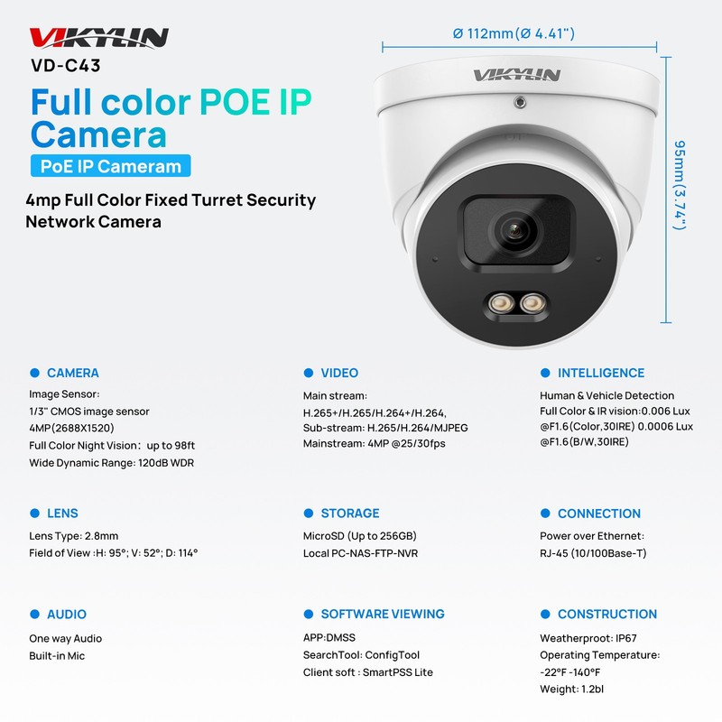 VIKYLIN CCTV Ethernet Full Color Light Wired 4MP Security POE Camera ONVIF NDAA gallery
