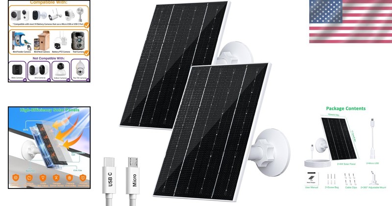 4W Solar Panel for Security Cameras - Waterproof, 2 Pack with Adjustable Mounts gallery
