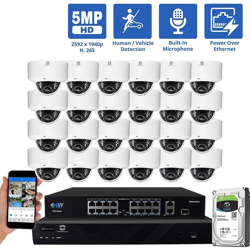 32 Channel NVR Security Camera System with 24 5MP AI Dome Camera Built In Mic