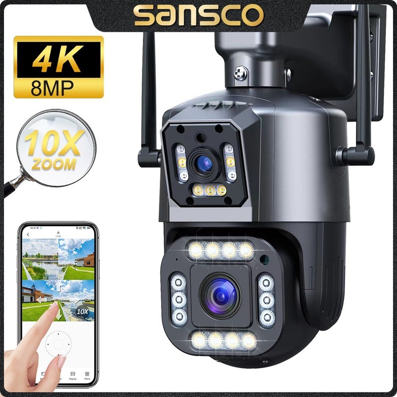 WiFi 8MP Wireless PTZ Camera Security CCTV Waterproof Two-Way Audio 2-Lens