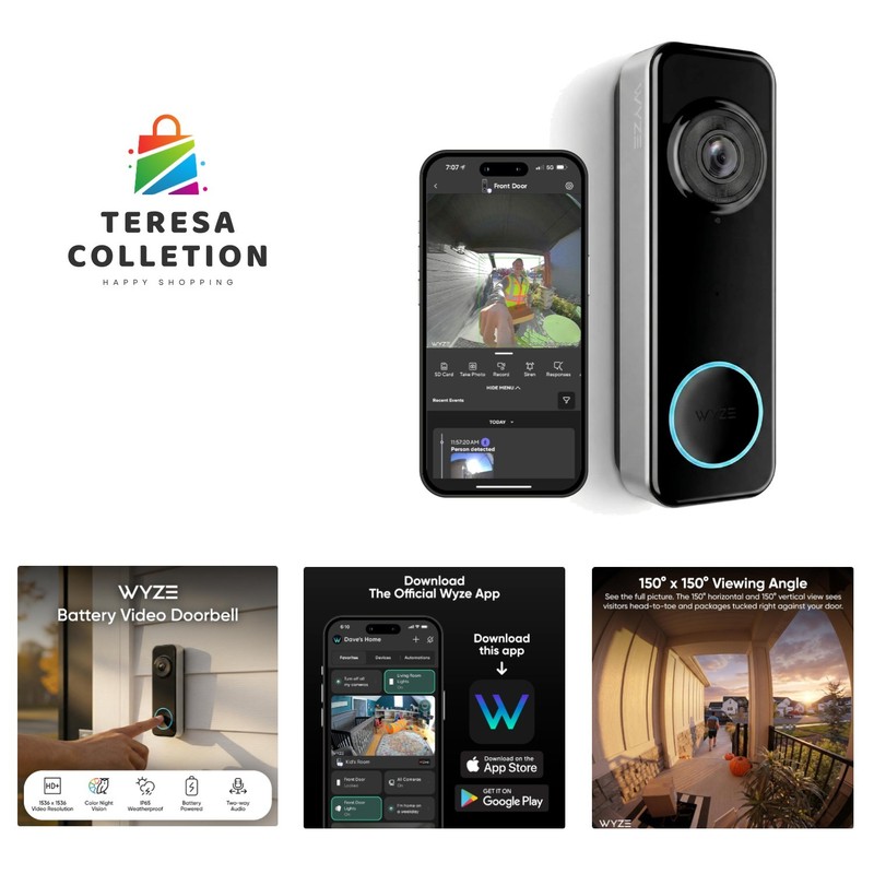 Battery Video Doorbell Wireless Camera, 1536×1536 HD+ with Color Night Vision…