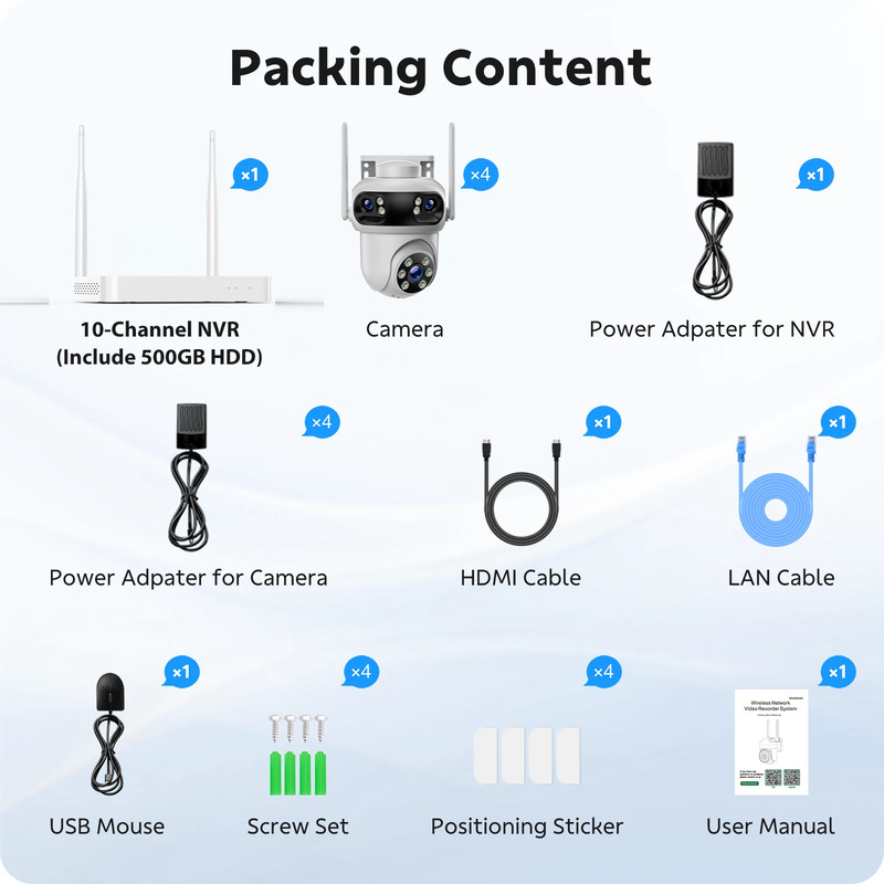 10CH NVR 3K Security Camera System 4x Triple-Lens WiFi Outdoor 3-Screen Cams+HDD gallery