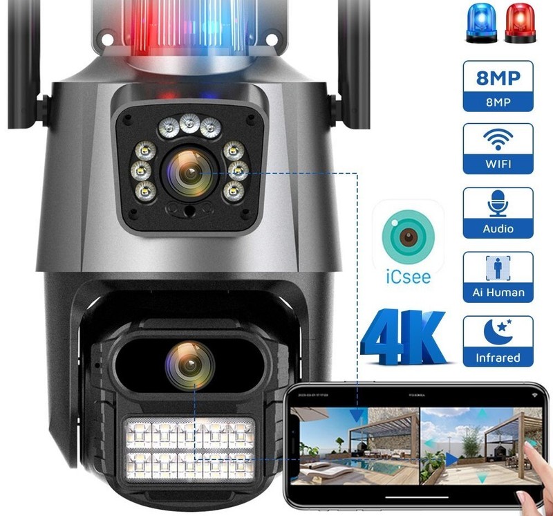8MP PTZ WiFi Camera Dual Screen Color Night Vision Outdoor Security IP SmartCam