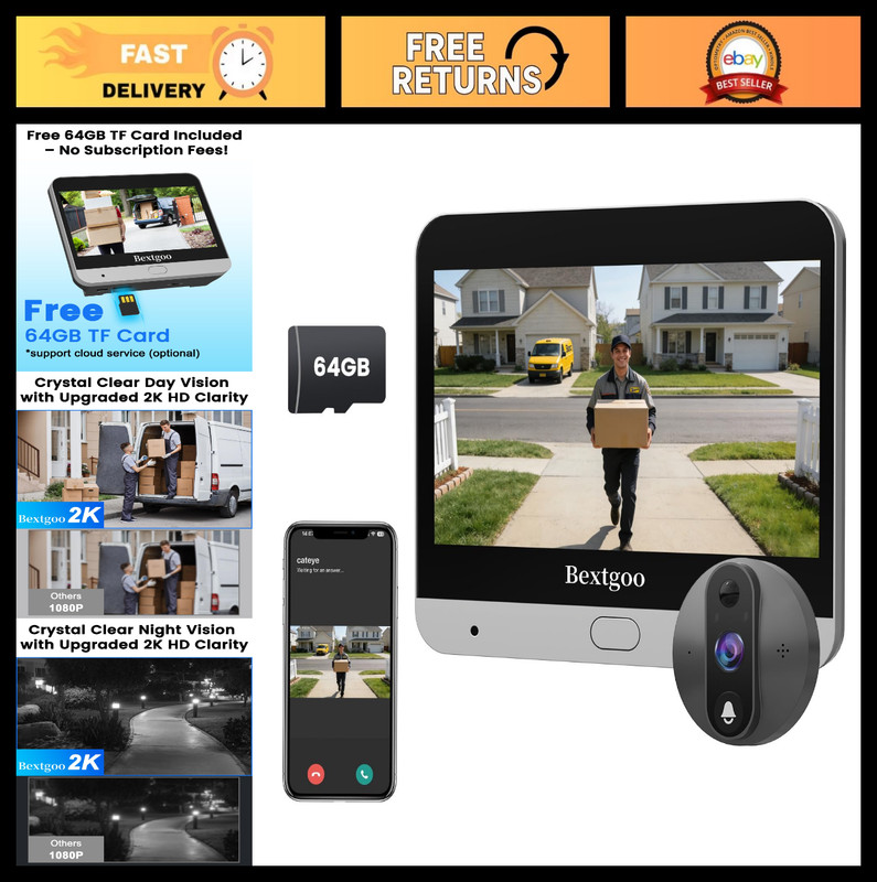 2K Peephole Door Camera with 4.3″ Monitor, Night Vision, Motion Alerts, 64GB SD