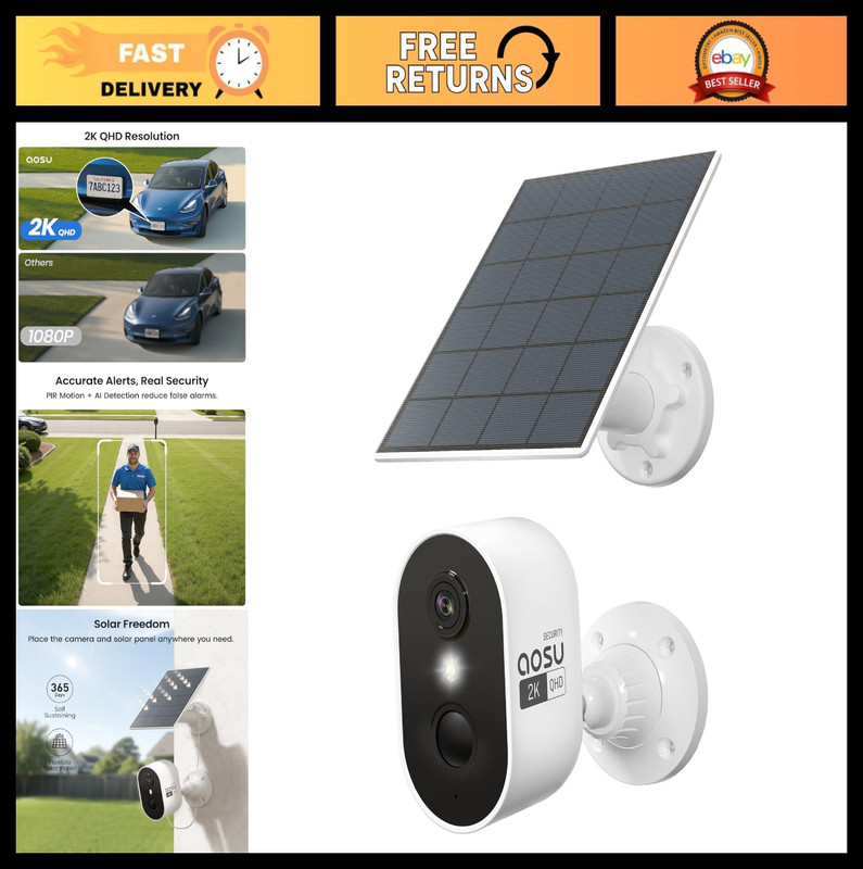 2K Solar Outdoor Wireless Security Camera, WiFi Home Surveillance, Color Night V