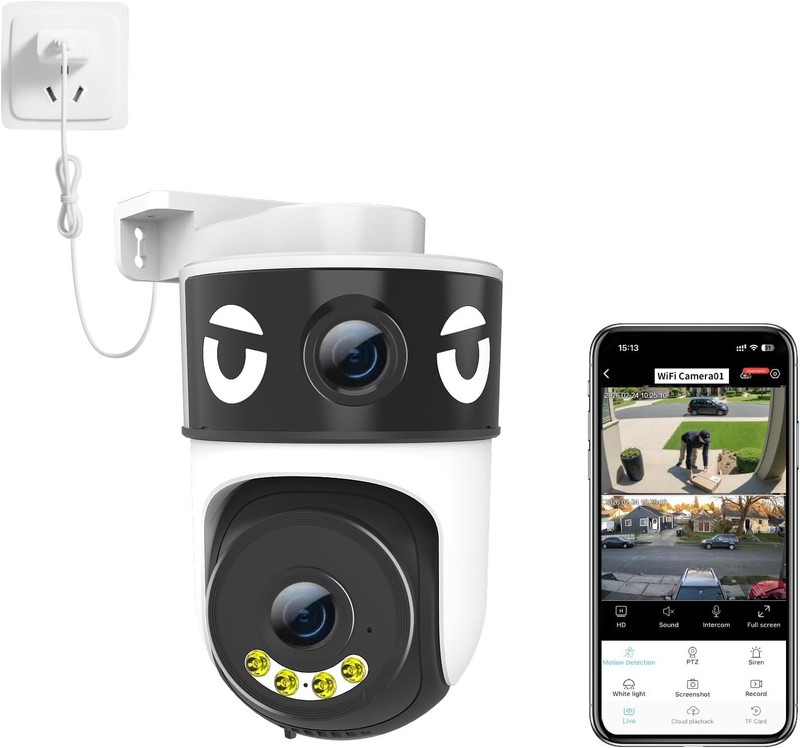 Wired WiFi 360° PTZ tracking motion Dual Lens Security Camera 24/7 Recording