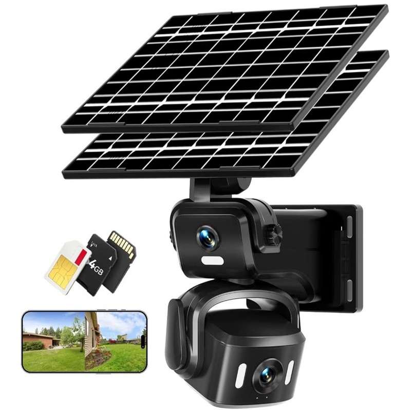 4G LTE Solar Security Camera Outdoor, Dual Lens 4K 8MP Wireless Camera with Dual