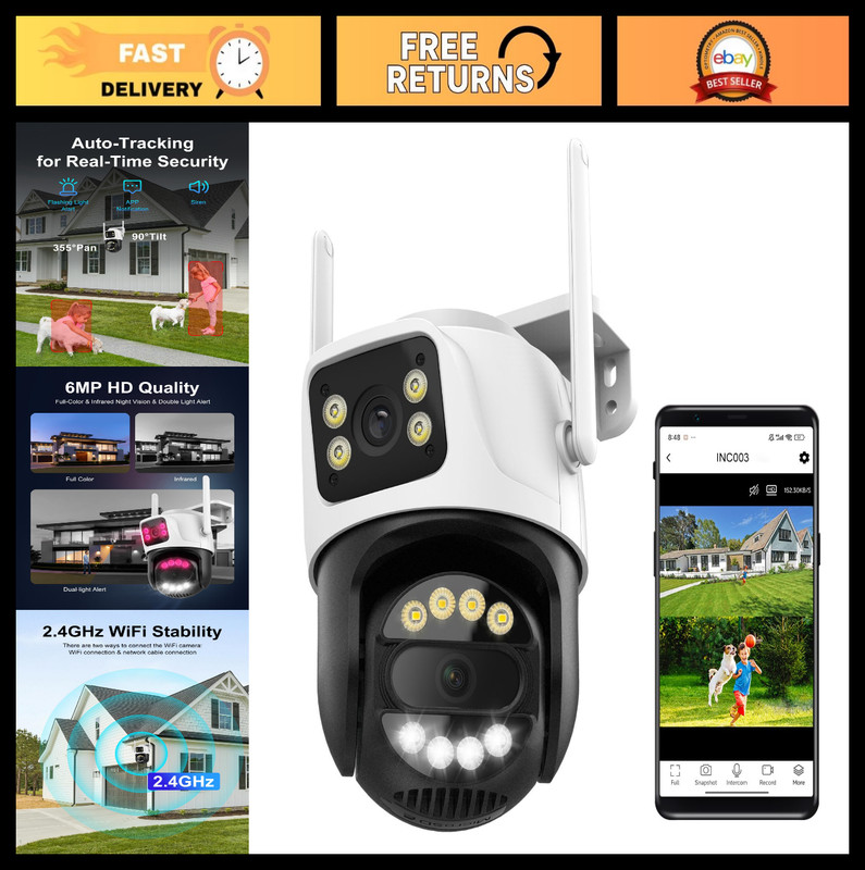 6MP Dual Lens WiFi Outdoor Security Camera, PTZ 355° Pan, 90° Tilt, Night Vision