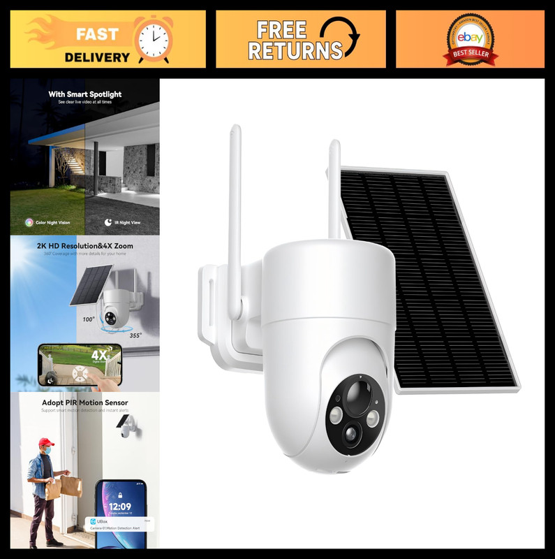 Wireless Solar Security Camera 2K Color Night Vision, 360° View, Battery Powered