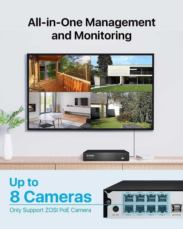 ZOSI H.265+5MP PoE Home Security Camera System Human Detection 24/7 Recording 2T gallery