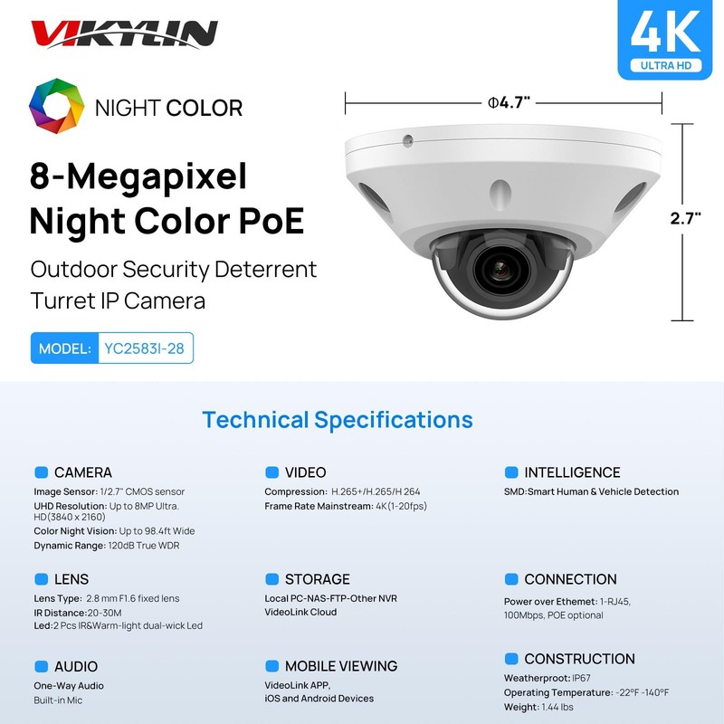 8MP Fixed Dome PoE IP Outdoor, 4K Full Color PoE IP Dome with Human/Vehicle D... gallery