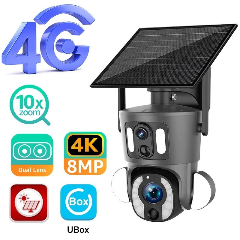 Dual Lens 8MP 4K 10XZoom Floodlight Solar Battery Energy Alert 4G LTE PTZ Camera