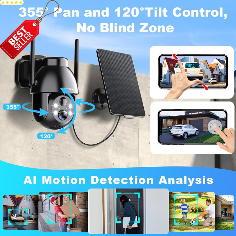 Solar Security Camera Wireless Outdoor 2K PTZ WiFi 3MP Night Vision - US gallery
