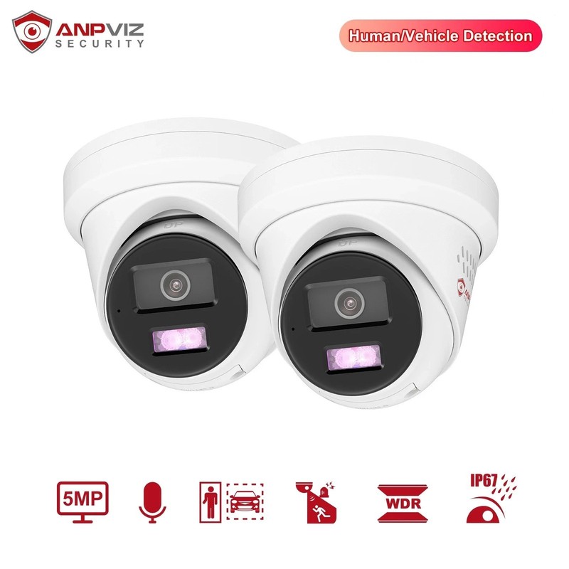 Anpviz 2PCS 5MP PoE IP Camera Strobe Red & Blue Light and Audio Alarm Metal IP67