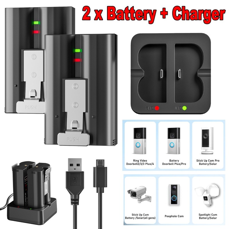 2X 7200mAh Battery + Charger For Ring Video DoorBell 2 3 3+ 4 Spotlight Camera