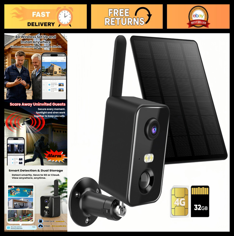 4G LTE Battery-Powered Security Camera, No WiFi Needed, 2K Color Night Vision, M