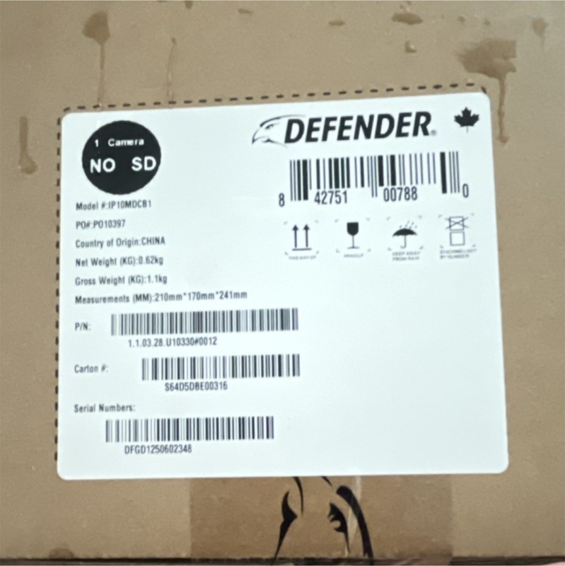 Defender IP10MDCB1 Surveillance Camera, 1 Camera, 0.62 kg, MPN IP10MDCB1