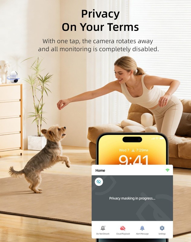 Indoor WiFi Pet Camera for Dogs & Cats - 360° Auto Tracking, 2-Way Audio, Night gallery