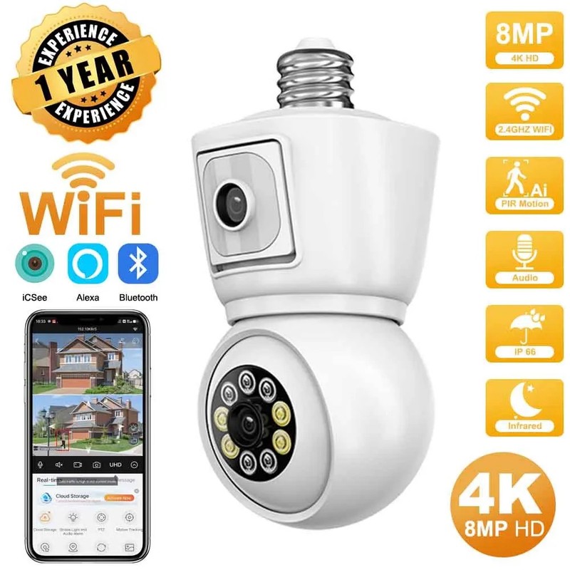 ICSEE 4K 8MP E27 WiFi Camera, Auto Tracking, Color Night Vision, 2-Way Audio