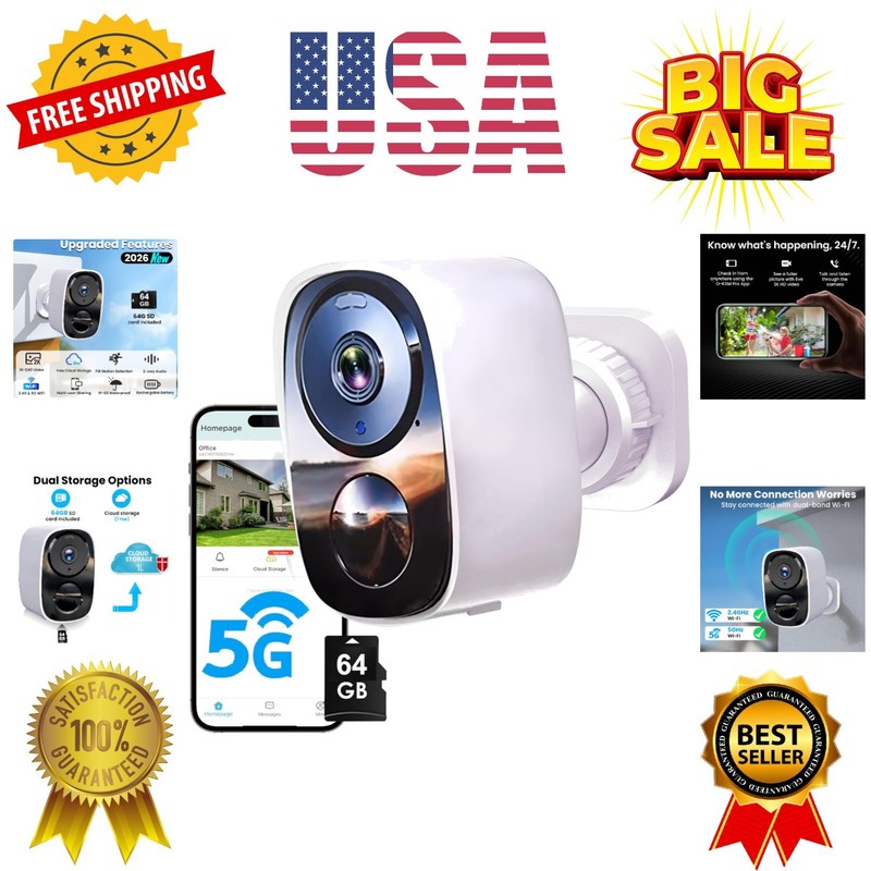 2026 Upgraded 2K Wireless Security Camera with 64G SD Card, Free Cloud Storag…