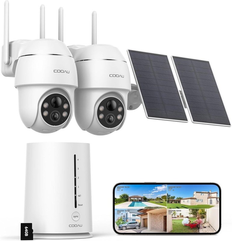 COOAU 4MP Solar Security 2-Camera Kit 360° PTZ Wireless, Color Night Vision