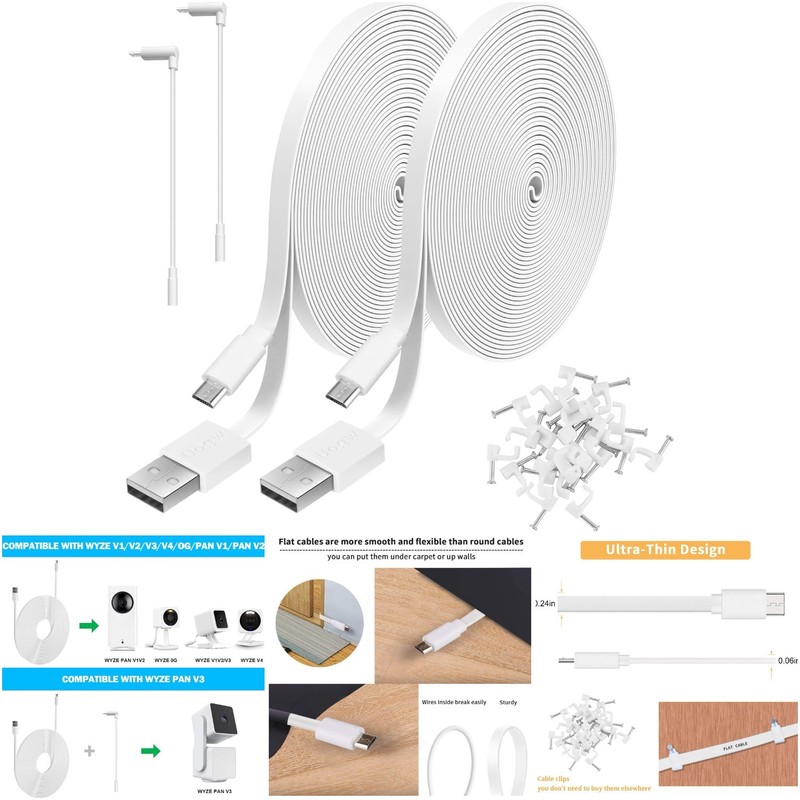 2 Pack 30ft Power Extension Cable White Compatible Wyze Cam V4 V3 Pan OG NestCam
