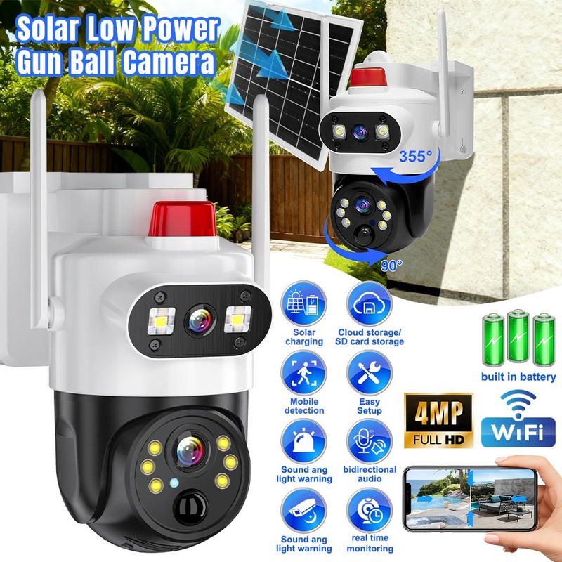 Solar Battery Powered Dual Lens WiFi Security Camera Outdoor Home CCTV PTZ Cam