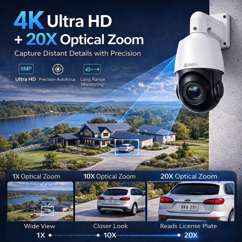 SUNBA 4K PTZ Security Camera, 20X Optical Zoom PoE IP Camera, AI Tracking, ONVIF gallery