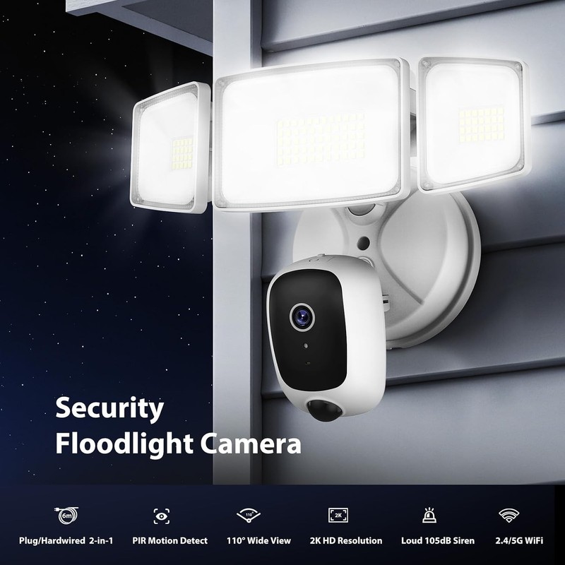 2K Outdoor Floodlight Security Camera 5500LM WiFi Motion Night Vision 20FT Cord gallery