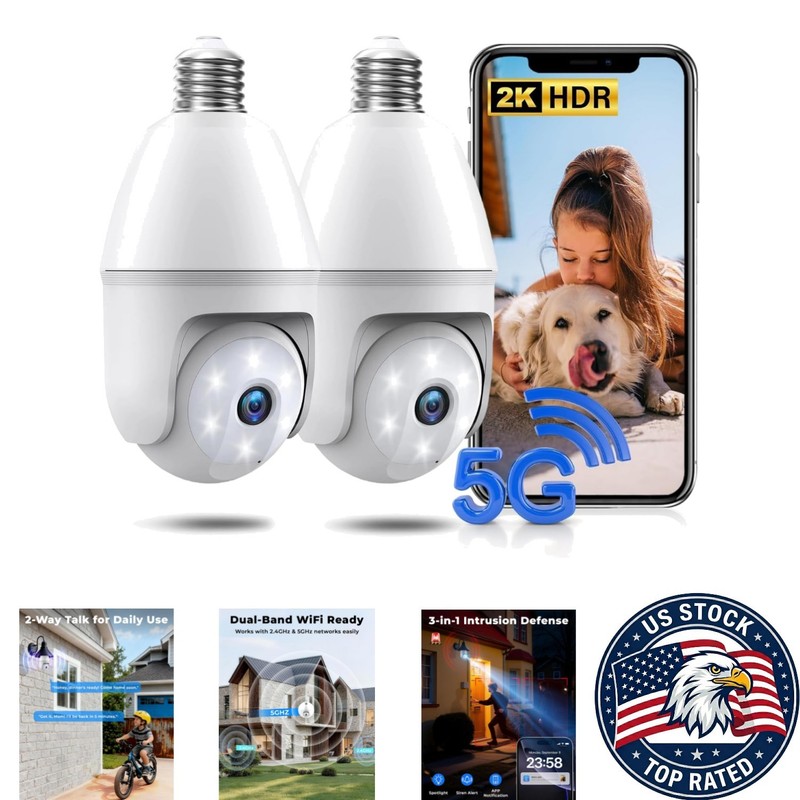 Waterproof 2K Light Bulb Camera Set – AI Detection, 360° Coverage, Night Vision