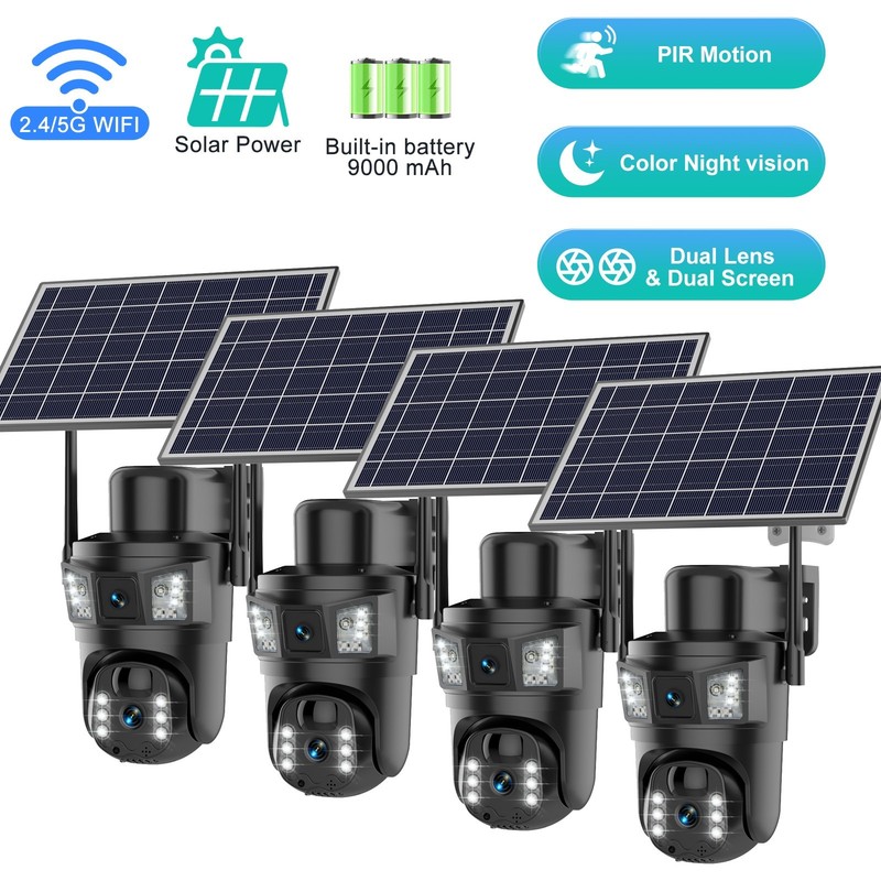 4PCS 4K Solar WiFi Security Camera 8MP Dual Lens Outdoor IP Color Night Vision