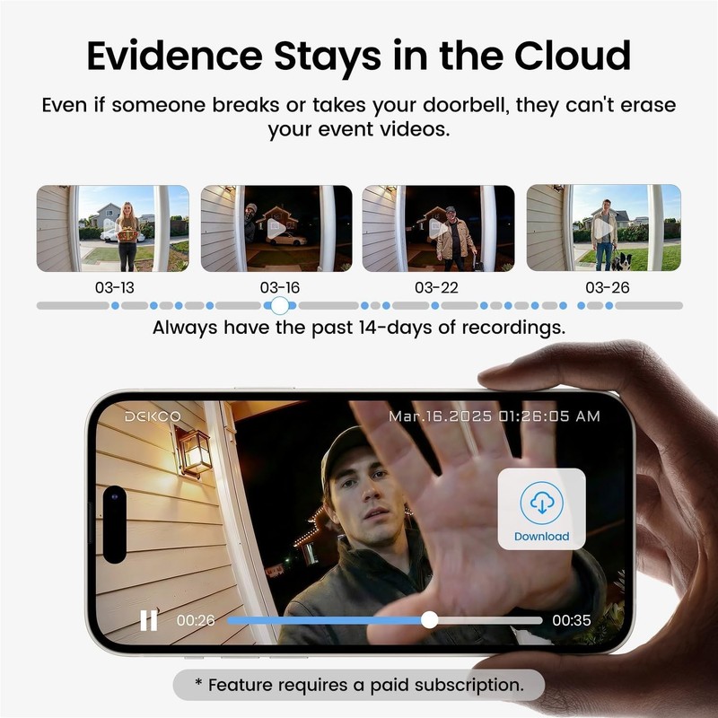 DEKCO Wireless Video Doorbell Camera, 2K Head-to-Toe View (9:16), 170° Wide A... gallery