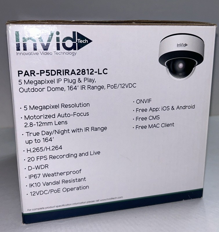 InVid Tech PAR-P5DRIRA2812-LC Outdoor IP 5 Megapixel Dome Camera 164’ IR Range gallery