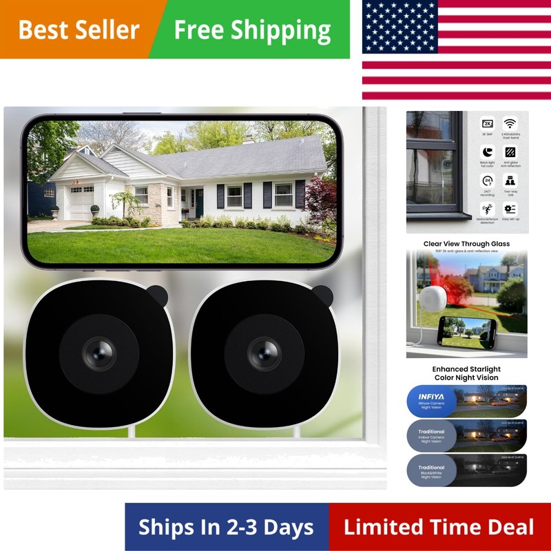 2K No Drill Window Camera-2 Pack 2.4Ghz & 5Ghz WiFi Dome Cameras for Home Sec…