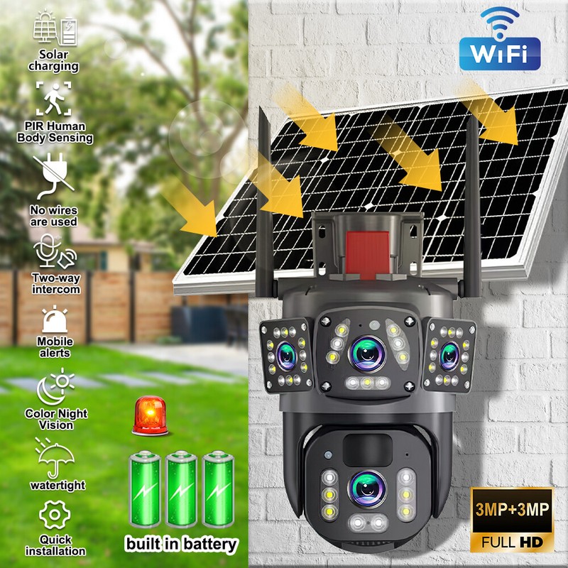 Solar Battery Security Camera Wireless WiFi 2 Lens PTZ Auto Tracking Outdoor Cam gallery