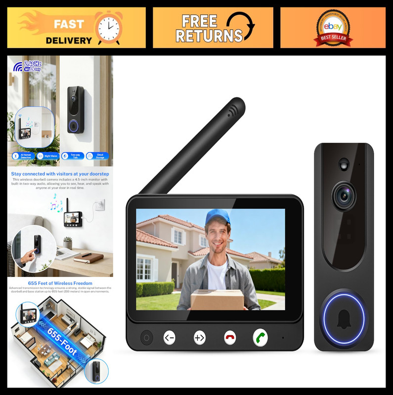 Wireless Video Doorbell Intercom System, 4.5″ Indoor Monitor, Two-Way Talk, AI M