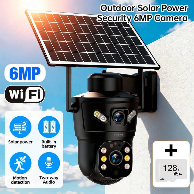 6MP Solar Camera WIFI Solar Panel Dual Lens Camera Home Security Cam + 128G Card