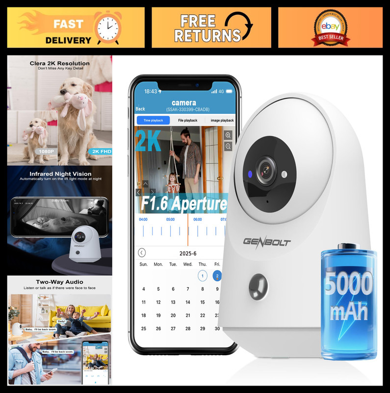2K WiFi Indoor Security Camera - Wireless Pan Tilt Pet & Baby Monitor, 5000mAh B