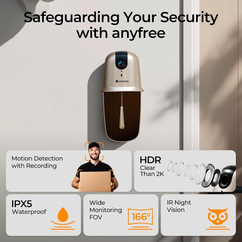 Anyfree WiFi Video Doorbell Camera Wireless Chime AI Motion Night Vision HDR gallery