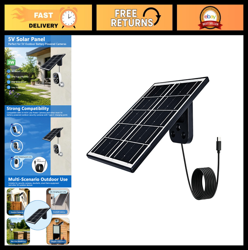 3W 5V USB C Solar Panel for Outdoor Security Camera – Eco-Friendly, IP66 Waterpr